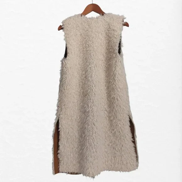 Faux Fur Cardigan Vest M White Brown Faux Suede Boho Chic Cabincore Open Front - Picture 6 of 10
